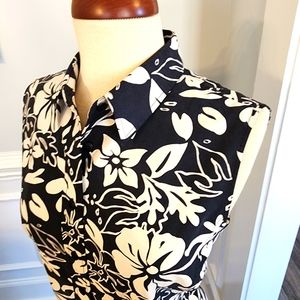 Barry Bricken Y2K (Boutique) Sleeveless Hibiscus Navy and Cream Top Size M
